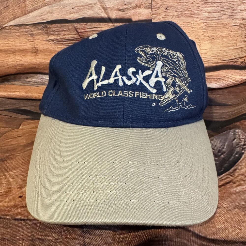 Alaska World Class Fishing Hat Navy Blue Tan Adjustable Ball Cap Arctic Circle